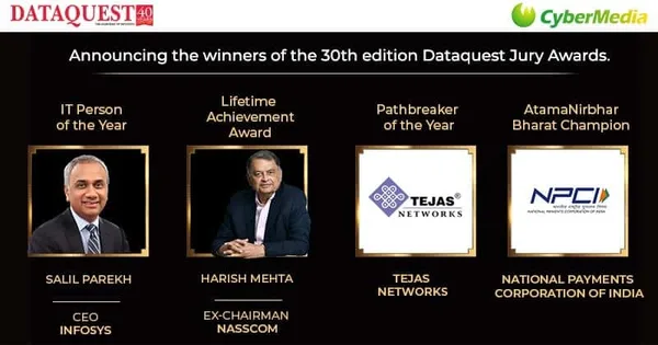 <strong>Salil Parekh, Harish Mehta, Tejas Networks & NPCI win at the 30th Dataquest ICT Awards</strong>